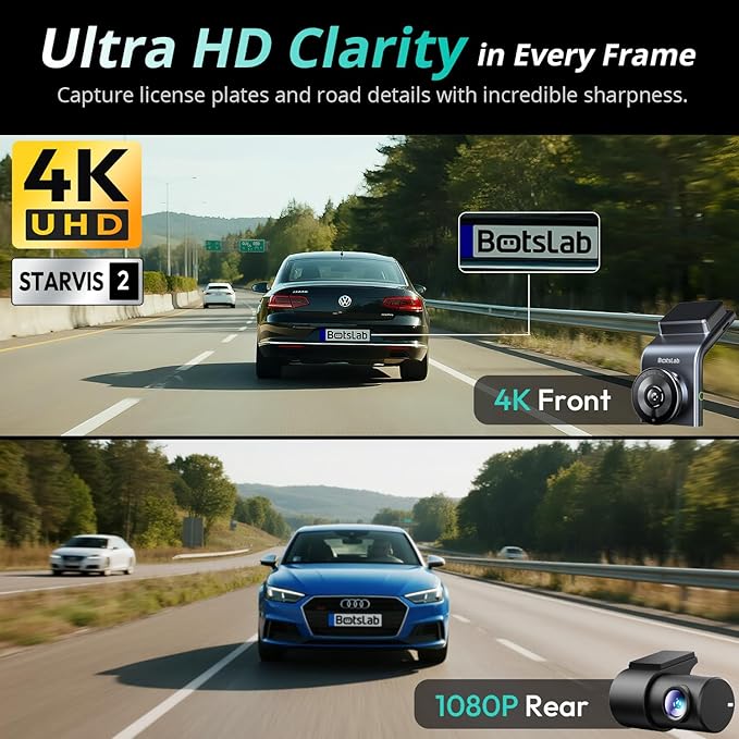BOTSLAB 4K Dash Cam Front and Rear, STARVIS 2 Sensor, Voice Control, 64GB Card Included, 5GHz WiFi Dashcam Front and Rear Camera, Built in GPS, WDR Night Vision, 170°Wide Angle, 24H Parking Mode