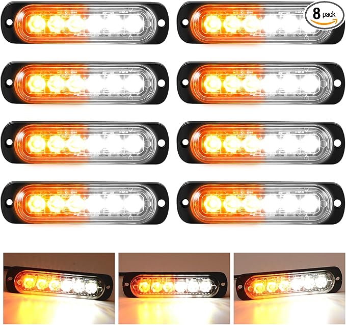 SEISSO 8-Pack 6 LED Sync Feature Strobe Lights Vehicles Trucks Emergency Strobe Lights Kit 12V -24V Warning Hazard Flash Lights Bar Grill Grille Surface Mount Super Bright Waterproof (Amber/White)