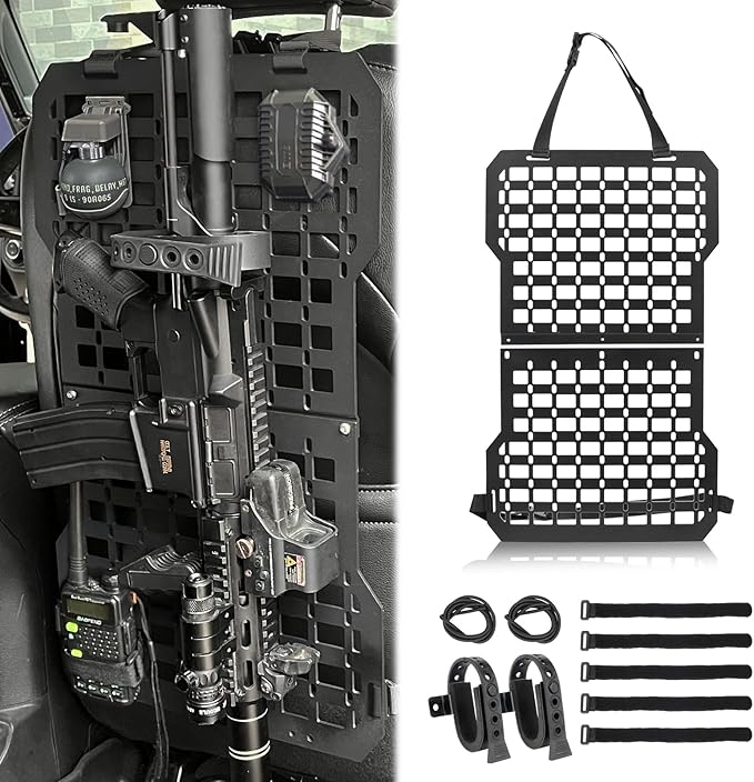 MAIKER Rigid Molle Panels For Vehicles Truck Mount Rack Tactical Seat Back Organizer Versatile Panel with Gun Rack Mount & Hook and Loop Fasteners & Elastic Rope for Storage Gears Accessories, Black