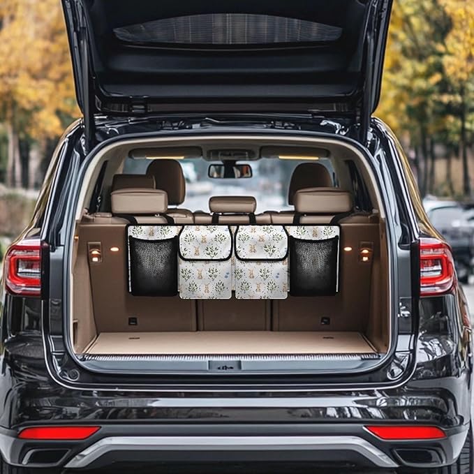 Cute Rabbit Print Car Trunk Organizer with 4 Pockets Foldable Car Backseat Storage Bag Detachable Car Storage Accessories for SUV Sedans Hatchback Crossover Minivan