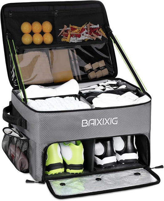 Golf Trunk Organizer, Waterproof Car Golf Locker with Separate Ventilated Compartment for 2 Pair Shoes, Golf Storage for Balls, Tees, Cap, Clothes, Gloves, Accessories, Gifts for Men, Women