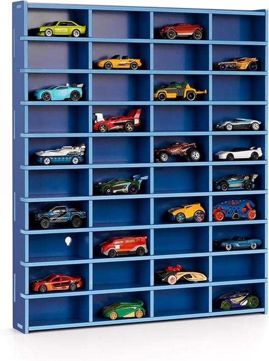 Toy Car Display Shelf, Holds 40 Diecast 1/64 Toy Cars, Wall Mount Model Car Storage Organize Case, Blue