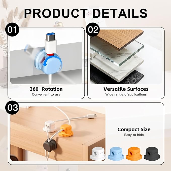 Rotatable Cord Holder for Nightstand, 2026 New 360°Rotating Magnetic Cable Clips, Strong Adhesive Cord Organizer for Phone, Home, Car, Office Desk Accessories (3, White)