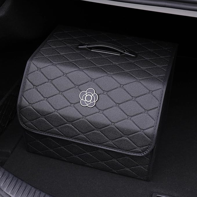 Tissting Car Storage Box, 13 x 12.2 x 11.42 Inch PU Leather Trunk Suv Organizer with Lid, Black Garage Cargo Organizer for Camping Picnic Shopping