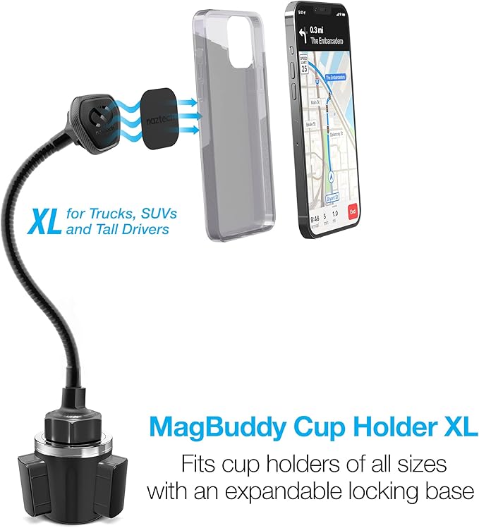 Naztech MagBuddy Elite XL Cup Cell Phone Holder for Car - Black Gooseneck Magnetic Stand Cup Phone Holders for Your Car Cellphone Holder Mount for Truck, Auto Seat Cupholder Mount for iPhone, Android