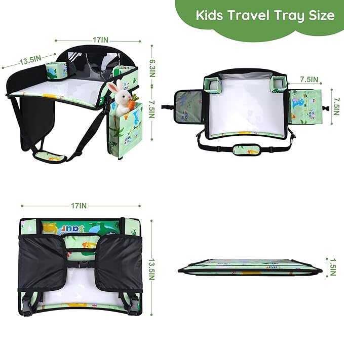 Kids Travel Tray, Kids Travel Trays for Car Seat, Road Trip Essentials for Toddler, Carseat Lap Tray with Dry Erase Board & Storage Organizer for Road Trip Activities for Kid, Green