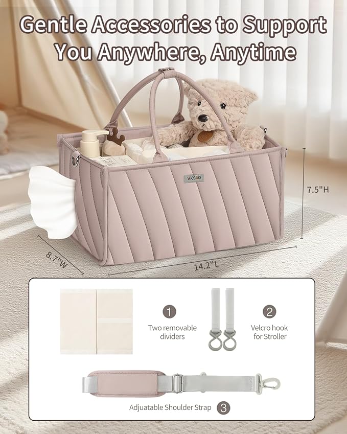 Diaper Caddy Organizer – Portable Storage Basket with Shoulder Strap & Stroller Hooks, Splashproof Quilted Nursery & Car Tote, Gender Neutral Gift for Baby Shower, Smoky Gray