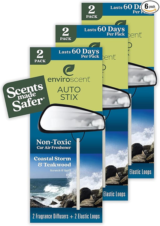 Enviroscent Non-Toxic* Car Air Freshener Auto Stix® - Scents Made Safer - Enjoy Fragrance Lasts Up to 180 Days - Includes Auto Stix® Diffusers & Elastic Loops - Coastal Storm & Teakwood (Pack of 3)
