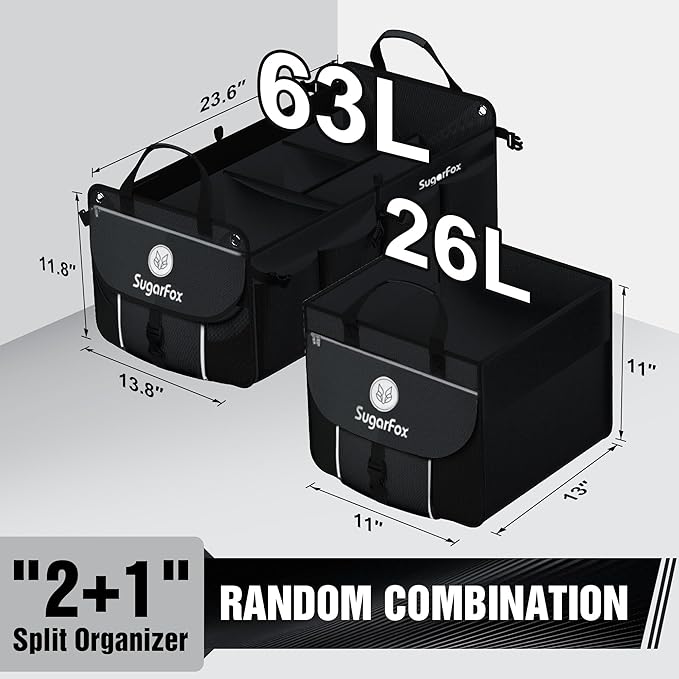 Car Trunk Organizer for SUV - 63L+26L Modular Storage, Heavy-Duty, Foldable Waterproof, Soft & Hard Covers, Non-Slip, Multi-Compartment, All Black M006