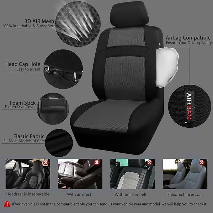 CAR PASS 3D Air Mesh Seat Cover Full Sets, Charcoal Car Seat Cover with 5mm Composite Sponge Inside,Airbag Compatible Universal Fit for SUV,Vans,sedans, Trucks, Automotive Interior Covers(Black Gray)