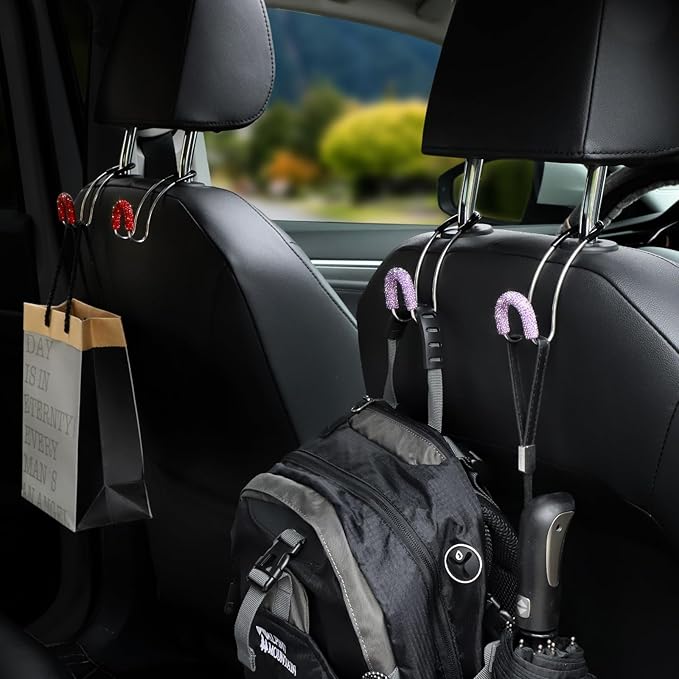 Soleebee 2 Pack Bling Car Headrest Hooks Crystal Rhinestones Universal Car Seat Hook Auto Hook Durable Car Back Seat Hangers Storage Organizer (Red)
