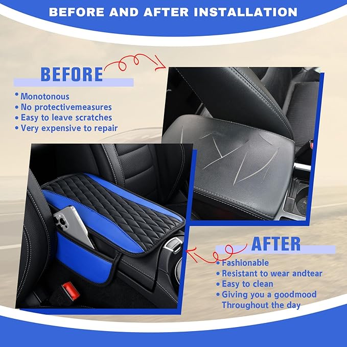 Leather Car Center Console Cover with Side Pockets, Upgraded Arm Rest Cover for Car Seat Organizer, Middle Console Cover Stylish Car Decoration, Universal for Most Vehicles (Blue)