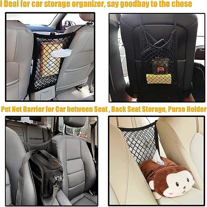 Dog Car Net Barrier Pet Barrier,Barrier of Back Seat Pet Kids,Cargo Tissue Purse Holder, Baby Stretchable Storage Bag Universal for Cars, SUVs, Vans Traveling (2-Layer)