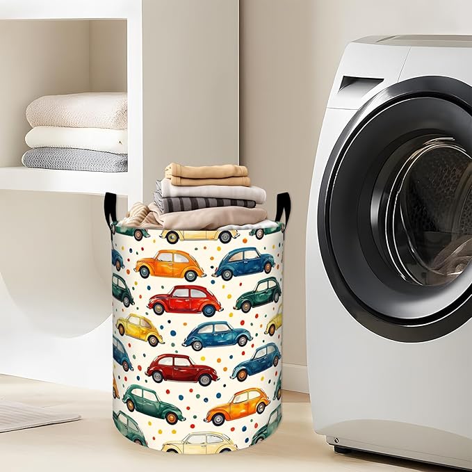 Colorful Cars Polka Dots Pattern Laundry Basket with Handles, 19.7"x15.7" Clothes Foldable Laundry Hamper Organizer for Dorm Nursery Bedroom Bathroom Decor, Toy Storage Bin for Kids