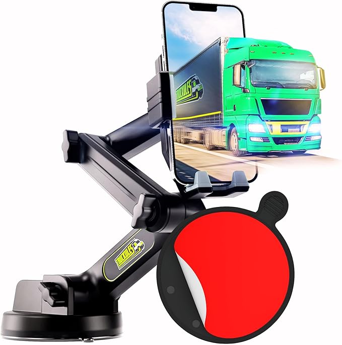 Cell Phone Mount for Truck Phone Holder for Truck Drivers - Heavy Duty Suction Cup + Dashboard Pad, iPhone Holder for Dashboard Window 16.9 inch Long, for iPhone & Samsung, Commercial Trucker, Gray