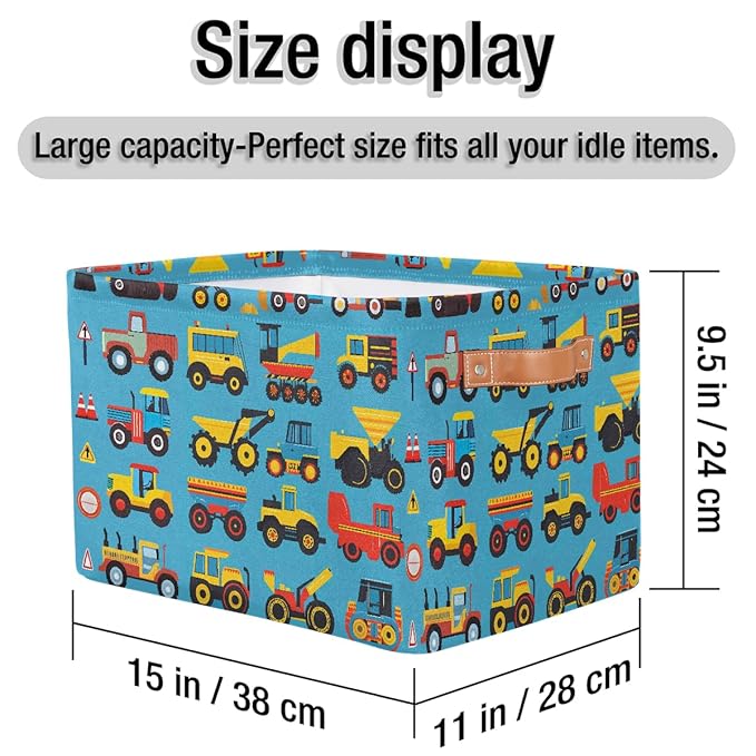 Cartoon Construction Storage Baskets for Organizing, Fabric Collapsible Storage Bins Box Cars Tractors Bulldozers Decorative Toy Organizer Baskets for Closet Shelves Gift Basket 2Pcs