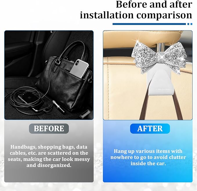 2PCS Bling Bow Car Seat Headrest Hook, Lovely Crystal Rhinestone Back Seat Storage Organizer for Handbag Purse Coat, Girly Sparkling Diamond Backseat Bag Hanger Holder, Universal Fit (White)