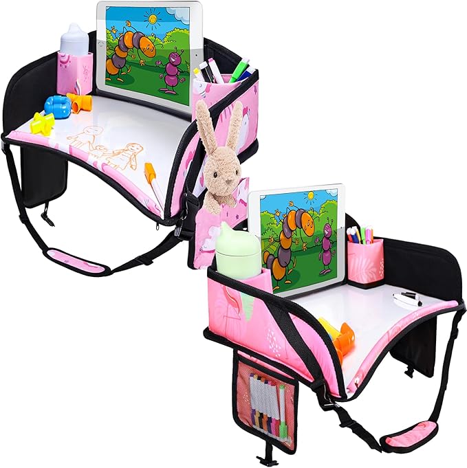 2PCS Kids Travel Tray, Car Seat Tray for kids Travel, Toddler Road Trip Essentials With Drawing Kit, Toddler Lap Desk Organizer for Car, Carseat Table for Airplane