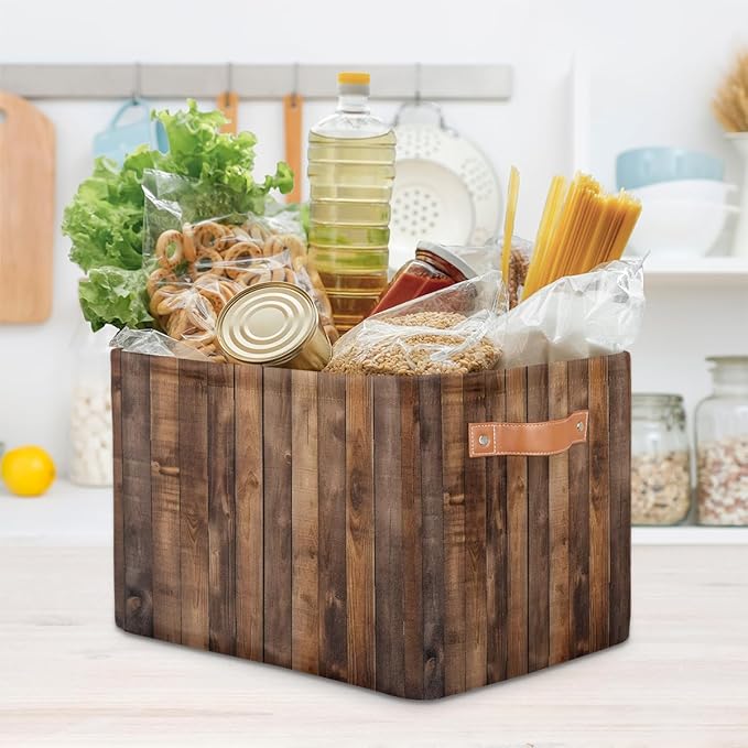 Rustic Wooden Board Storage Baskets for Organizing, Fabric Collapsible Storage Bins Box Retro Decorative Toy Organizer Baskets for Closet Shelves Gift Basket 2Pcs