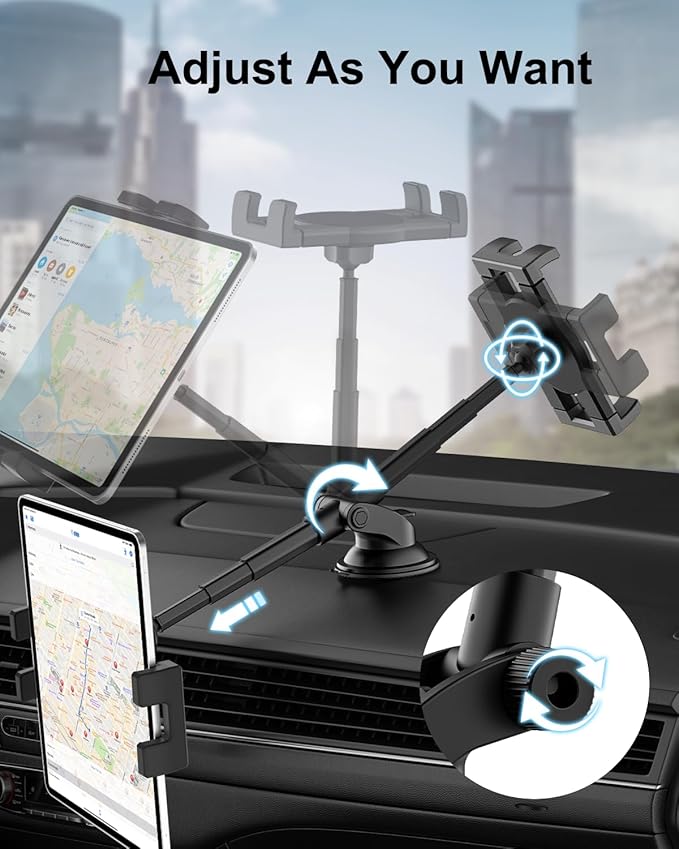 woleyi Dashboard Car Tablet Mount, Telescopic Tube Suction Cup Car Tablet Holder, Compatible with iPad Pro/Air/Mini, Galaxy Tab/Z Fold, Fire HD, Surface, iPhone, More 4.7-11" Cell Phones and Tablets
