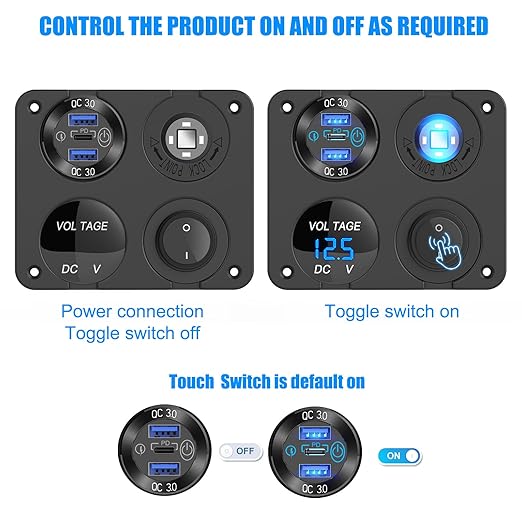 12 Volt USB Outlet RV Accessory 12V Marine Switch Panel, Dual PD30W and QC18W Car USB Port Aluminum Charger, Lighted 150W Cigarette Lighter Socket, Blue LED Voltmeter and Rocker Switch, 4 IN 1 DIY Kit