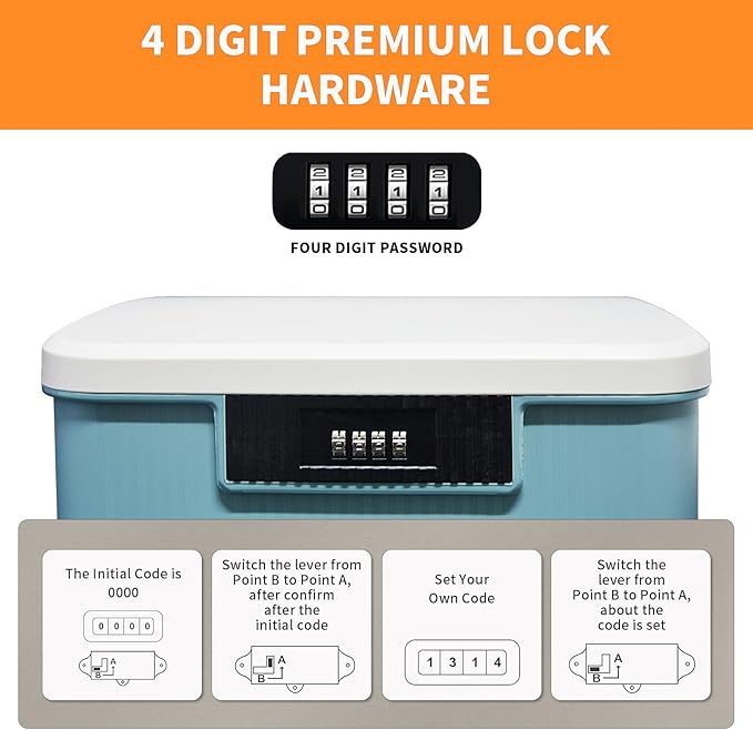 Lockable Storage Container Bin, 2.3 Gallon Capacity Organizer Box with Combination Lock, Heavy Duty Plastic Trunk, Usable As Item Organizer Or Office File Storage(Blue)