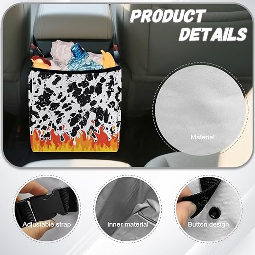 2 Gallons Open-Top Car Trash Can Hanging Car Trash Bag Water Resistant Leakproof Trash Bag Car Accessories for Women Men, Cow Spot Fire Pattern