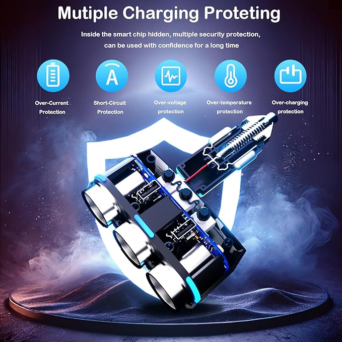 Car Cigarette Lighter Splitter, Self-Recovery Fuse & Separate Switch, 3-Socket Cigarette Lighter Splitter with Dual USB Port Fast Car Charger, 12/24v Car Adapter Splitter for Phone GPS Dash Cam