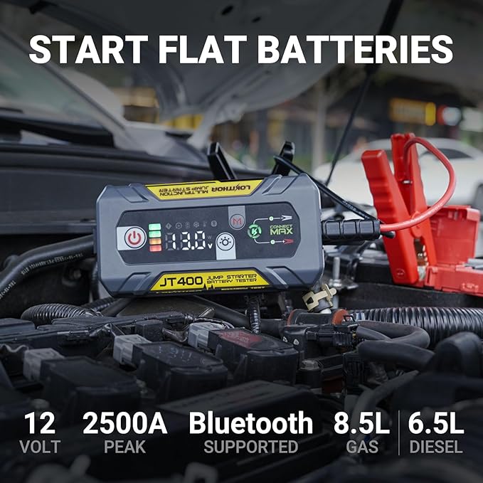 LOKITHOR JT400 12V Jump Starter and Battery Tester 2-in-1, 2500A Battery Jumper Starter Portable for Up to 8.5L Gas & 6.5L Diesel Engines, 100-2000 CCA Load Capacity Automotive Load Tester (Yellow)