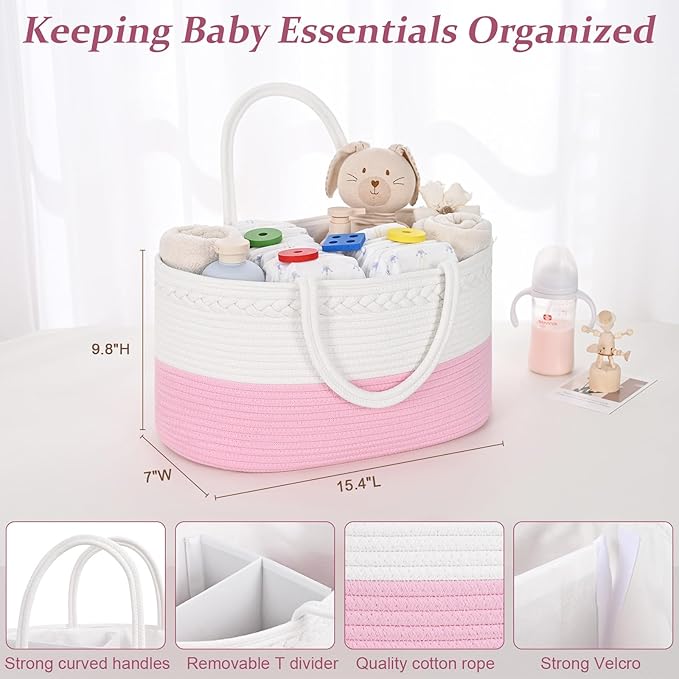 19L Baby Diaper Caddy Organizer, 16.8"x9.8"x9" Cotton Rope Diaper Basket, Changing Table Storage Caddy With Removable Divider, Baby Basket for Nursery, Car, Diapers, Baby Shower Gifts for Newborn