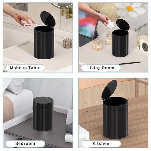 Mini Trash Can for Desk with Pop Up Lid,1.5L Metal Tiny Trash Can for Desk, 0.4 Gal Stainless Steel mini Desk Trash can with Lid，Small Counter Garbage Bin with 1 Roll Bags for Bathroom,Office(Black)