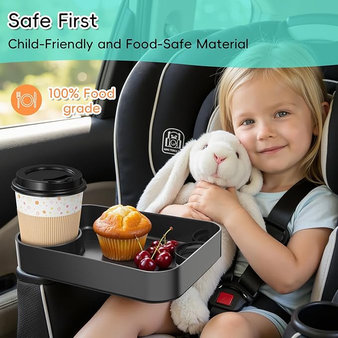 Kids Car Seat Tray, Travel Tray with Cup Holder for Toddler Baby, Kids Car Seat Food Snack Organizer for Road Trip, Stroller Snack Organizer Travel Must Haves Toddler Must Haves (Black, 1 Pack)