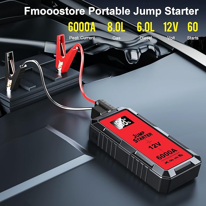 6000A Car Jump Starter, 12V Jump Starter Battery Pack (All Gas,up to 10.0L Diesel Engine) Jumper Cables Portable Lithium Jump Box, USB Output and LED Light