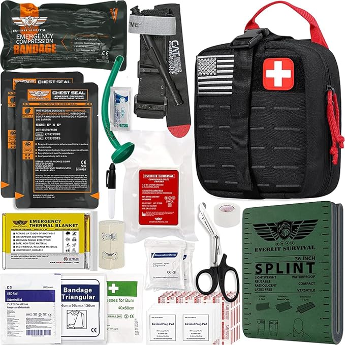 EVERLIT Advanced Trauma Kit, CAT GEN-7 Tourniquet, TCCC Compliant, Mil-Spec Nylon Laser Cut Pouch with 36" Splint, Military Combat Tactical IFAK for Emergency Bleeding Control