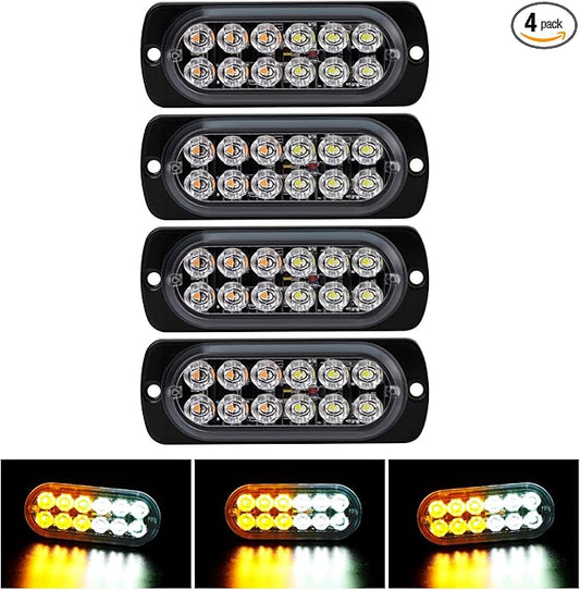 SEISSO 4-Pack 12 LED Amber Strobe Lights Vehicles Trucks Emergency Strobe Lights Kit 12V -24V Warning Hazard Flash Lights Bar Grill Grille Surface Mount Super Bright Waterproof, Amber/White