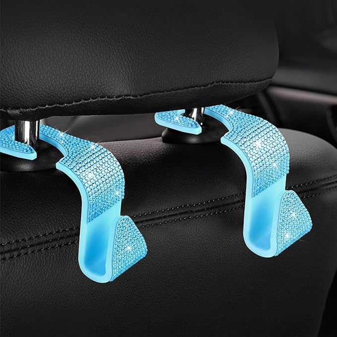 Zpana 4PCS Bling Car Seat Headrest Hooks, Vehicle Back Seat Purse Handbag Hanging Holder with Crystal Rhinestone, Diamond Storage Organizer Hook, Universal Automotive Accessories (Lake Blue)
