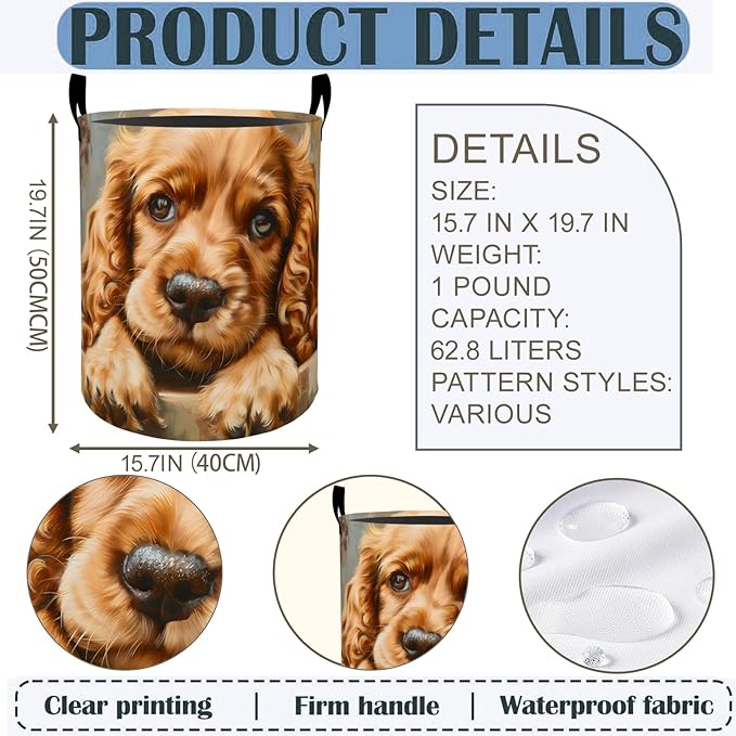 Puppy Dog Laundry Basket Hamper 19.7"x15.8", Cute Pet Animal Foldable Waterproof Oxford Clothes Storage Bucket for Room Bathroom Bedroom Nursery Decor, Toy Organizer Bins Gifts for Kids Boys Girls