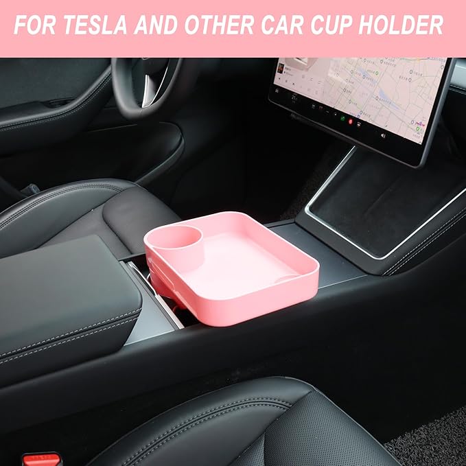 Kids Car Travel Tray Square for Kids Car Seat Snacks Trays, Car Seat Tray with Cup Holders for Toddler, Stroller, Tesla Travel Must Have (Pink)