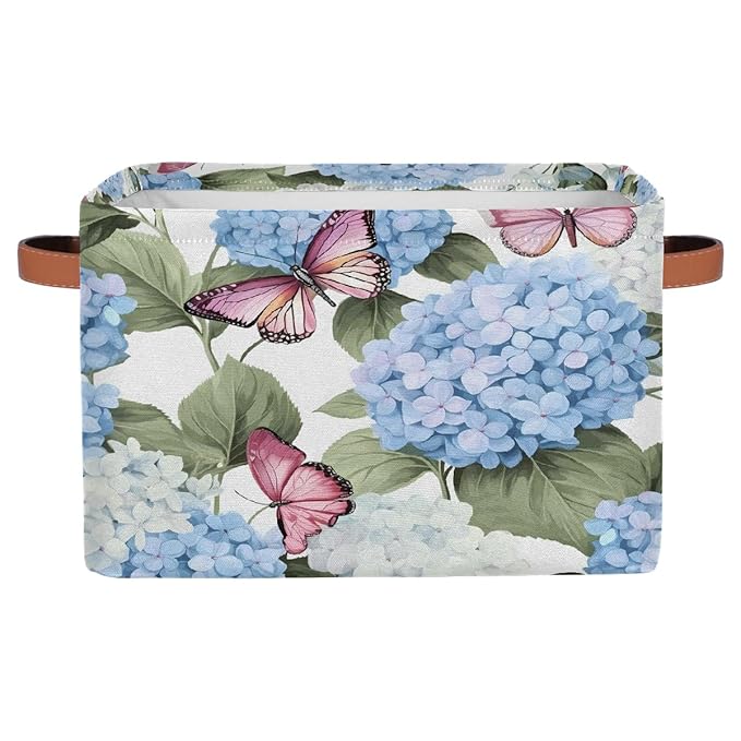 Blue Hydrangea Flowers Storage Baskets for Organizing, Fabric Collapsible Storage Bins Box Pink Butterfly Decorative Toy Organizer Baskets for Closet Shelves Gift Basket 1 Pc