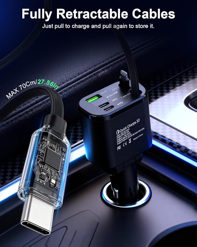 5-in-1 Fast Car Charger with USB-A and USB-C Ports, Compatible with iPhone 16/15/14, Samsung Galaxy