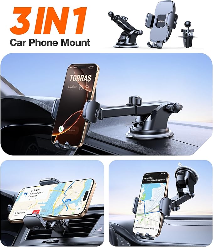 TORRAS Military-Grade Phone Holders for Your Car【96+LBS Strongest Suction】Car Phone Holder Mount, Ultra-Durable Cell Phone Car Mount Truck for Dashboard Windshield Vent for iPhone 17 16 15 Pro Max Air