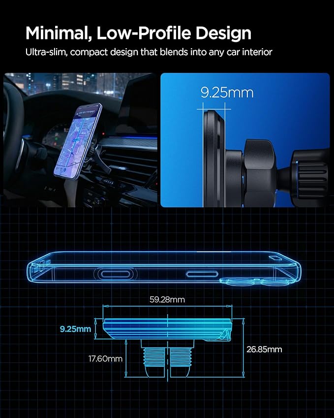 Spigen Essential MagFit Qi2 Ultra-Thin 15W MagSafe Car Mount Charger with Airboost™ & Dimmed RGB Lights Wireless Car Charger Mount Compatible with iPhone 17e, 17 Pro Max, 17 Pro, 17 16 15 14 13 12