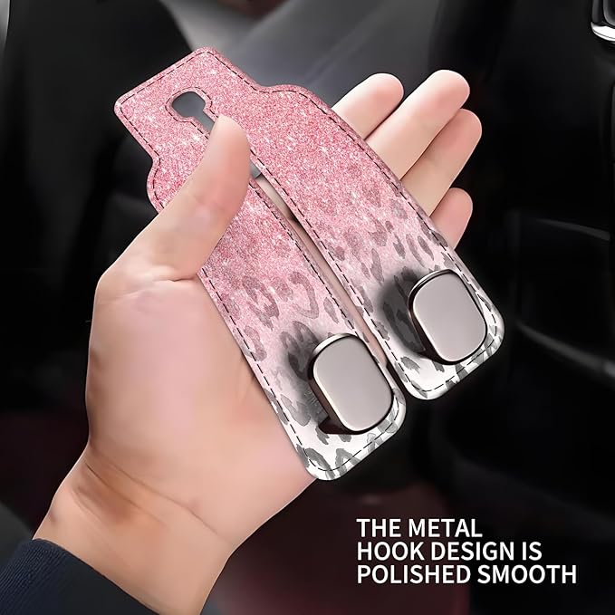 Car Seat Headrest Hook, Universal Leather Cute Hanger Holder Hook, Storage Organizer Interior Accessories for Purse Bags Handbag Pink Glitter Leopard