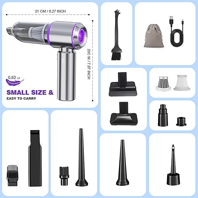 Mini Car Vacuum Cleaner,20000PA 4-in-1 Cordless Handheld Vacuum Cleaner with 6000mAh Battery Brushless Motor Hand Held Vacuum Air Duster & Air Blower & Pump for Car,Office and Home Cleaning