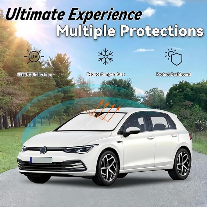 Windshield Sun Shade for 2022-2024 Volkswagen VW Golf MK8 GTI R, Car Front Window Sunshade with 240T Sun Visor Protector Blocks UV Rays Heat Sun Shield Accessories