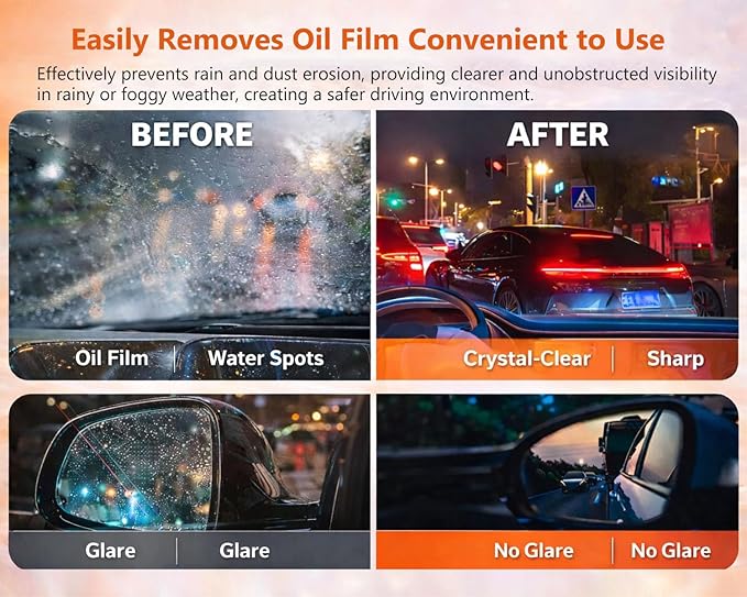 Oil Film Cleaning Brush for Car Windshield, 100g Glass Oil Film Remover with Reusable Cleaning Board, Removes Smudges & Water Spots, Anti-Fog for Safe Driving & Rainproof Prep