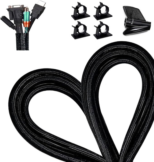 13 1/8ft -1/2 Inch Cord Management Sleeve Braided Split Black Cable Protectors Pet Proof - Braided Self-Wrapping Wire Loom Tube for Desk PC/TV/Computer/Projector/Home Theater/Engine Bay