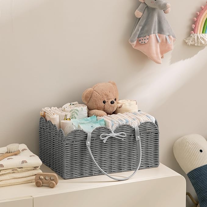 HBlife Baby Diaper Caddy Organizer, Large Portable Scalloped Plastic Wicker Woven Basket with Divider, Nursery Diaper Station, Baby Shower Gifts Basket, Car Organizer, Washable Waterproof