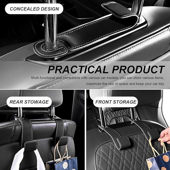 2 PCS Car Seat Headrest Hooks, Microfiber Leather Hanger Holder Hook for Hanging Purse and Bag, Universal Vehicle Back Seat Organizer Hook for Grocery Bag Handbag Coat (Black)