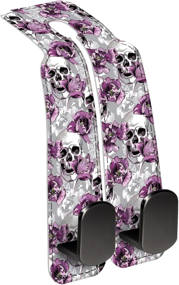 Car Seat Back Storage Headrest Hook, Premium Leather Double Metal Hook, Hanger Storage Organizer for Purse Cloth Bag, Car Interior Accessories Funny Skull Flower